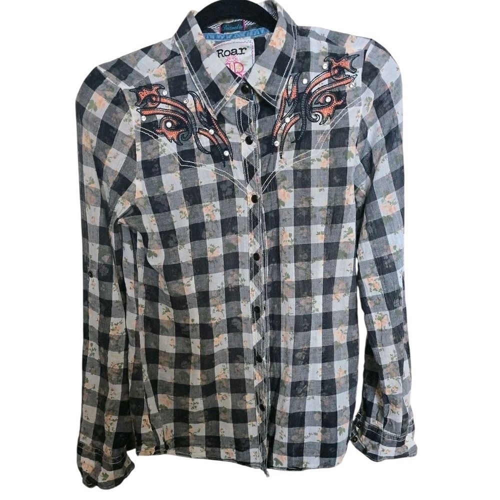 Roar Buckle‎ Shirt Womens SZ M Flip Cuff Black plaid peach rose Western Cowgirl
